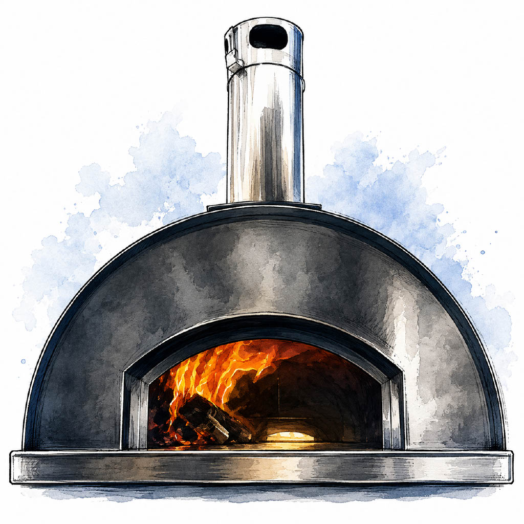 Watercolor illustration of the wood-fired pizza oven at The Pokket